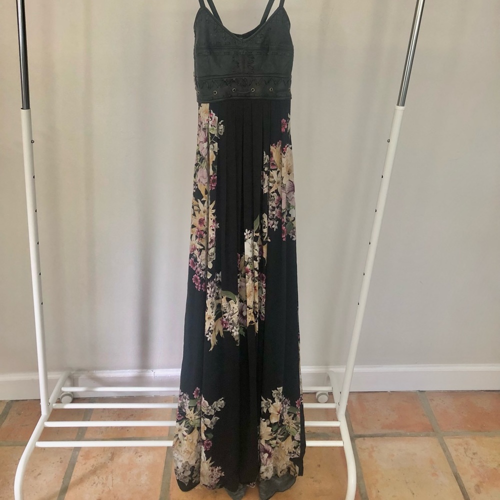 Sky Genuine Black Leather Maxi Dress with Floral pattern Sz S